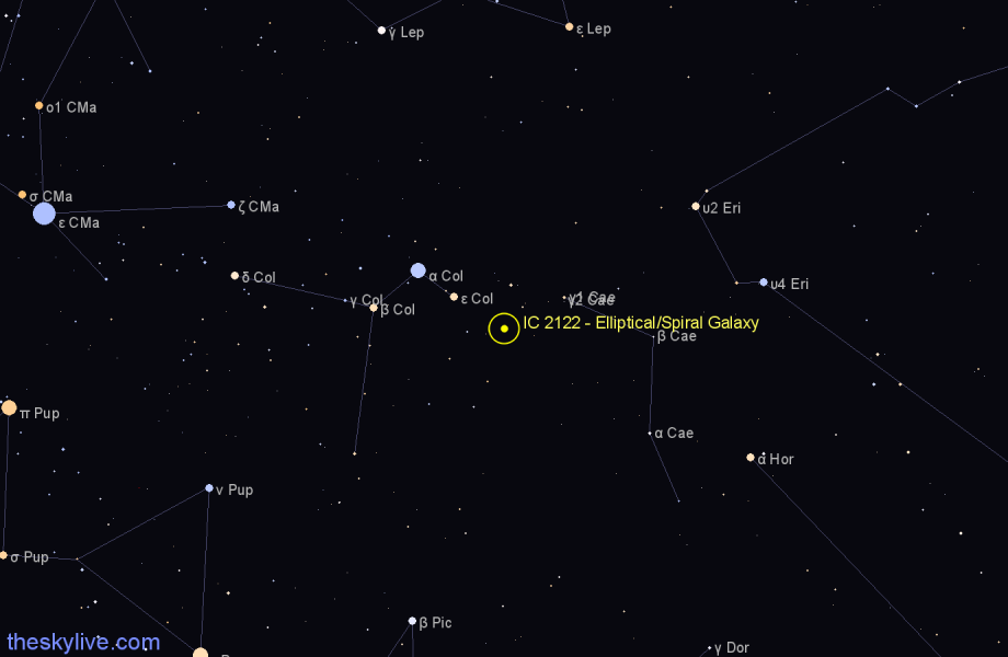 Finder chart IC 2122 - Elliptical/Spiral Galaxy in Columba star