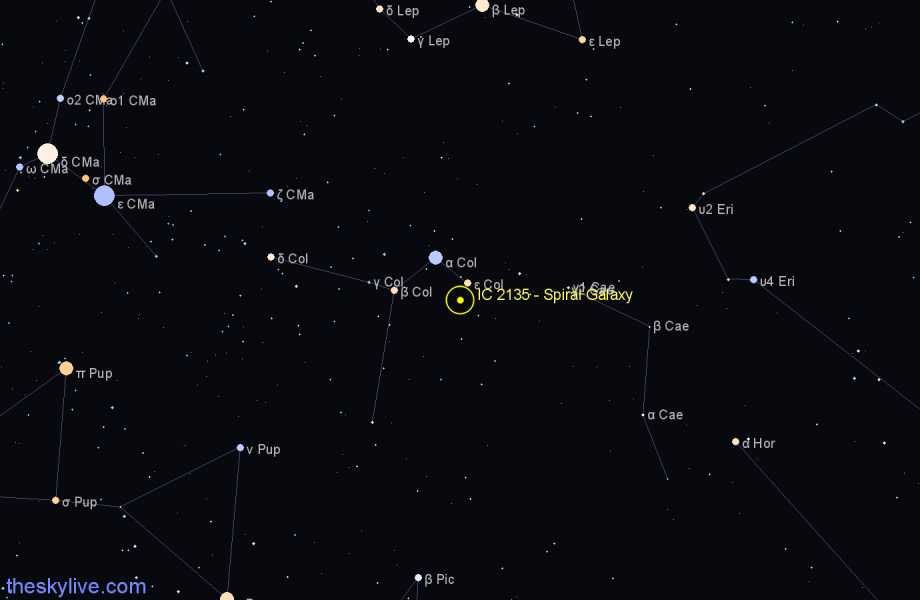 Finder chart IC 2135 - Spiral Galaxy in Columba star