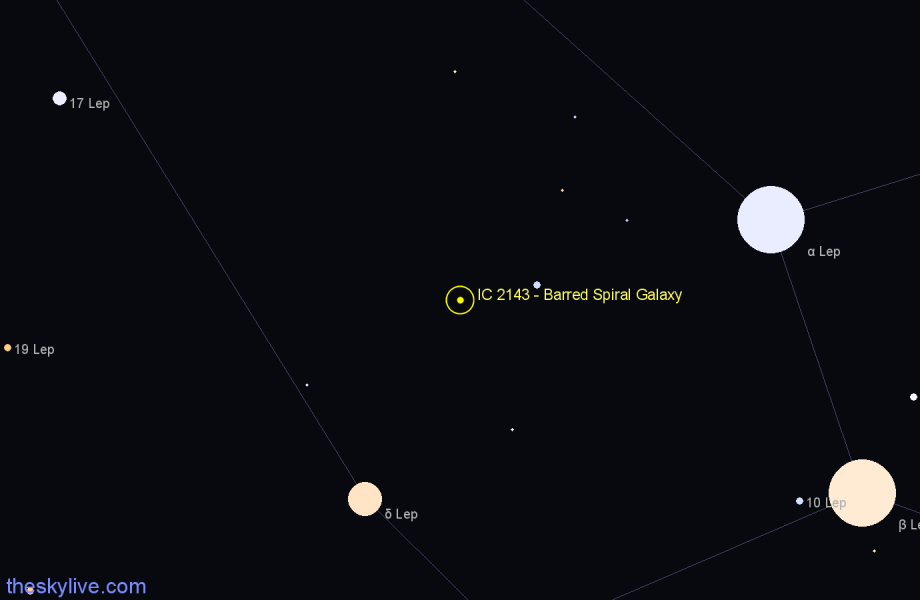 Finder chart IC 2143 - Barred Spiral Galaxy in Lepus star