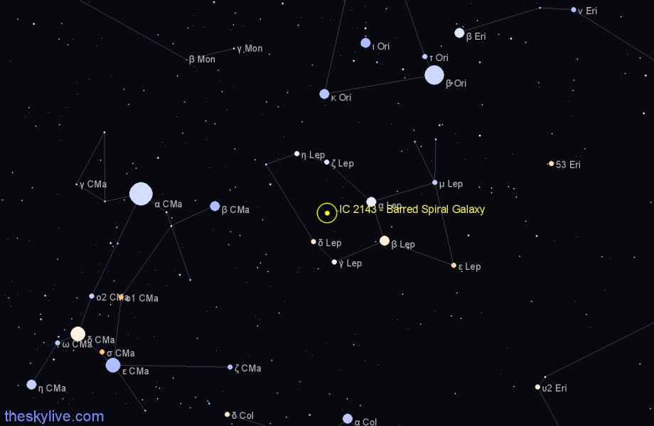 Finder chart IC 2143 - Barred Spiral Galaxy in Lepus star