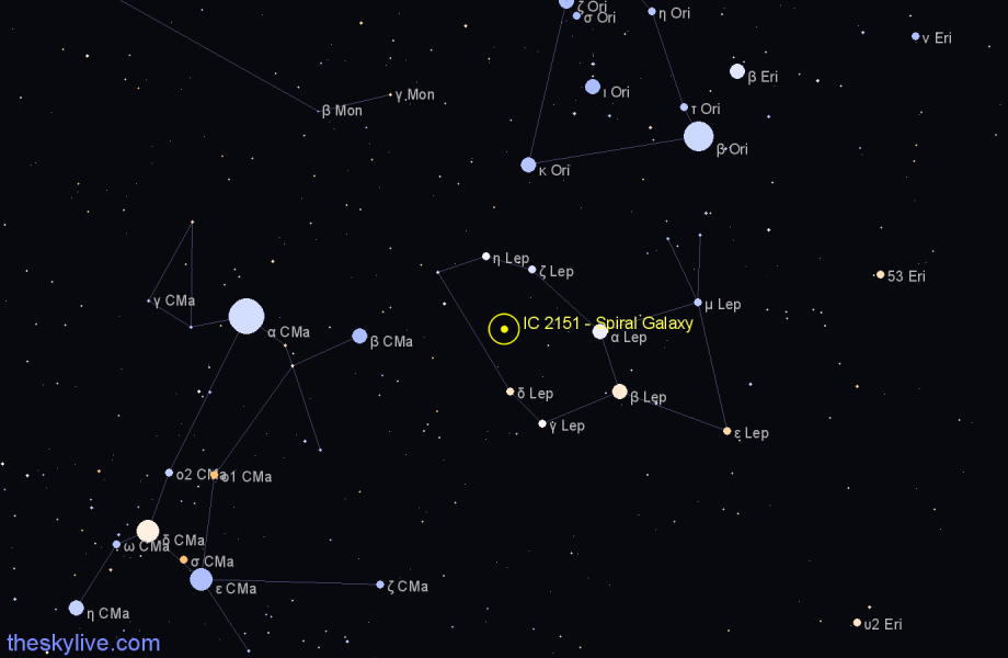 Finder chart IC 2151 - Spiral Galaxy in Lepus star