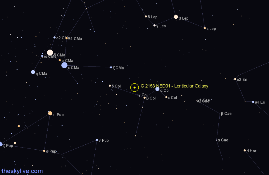 Finder chart IC 2153 NED01 - Lenticular Galaxy in Columba star