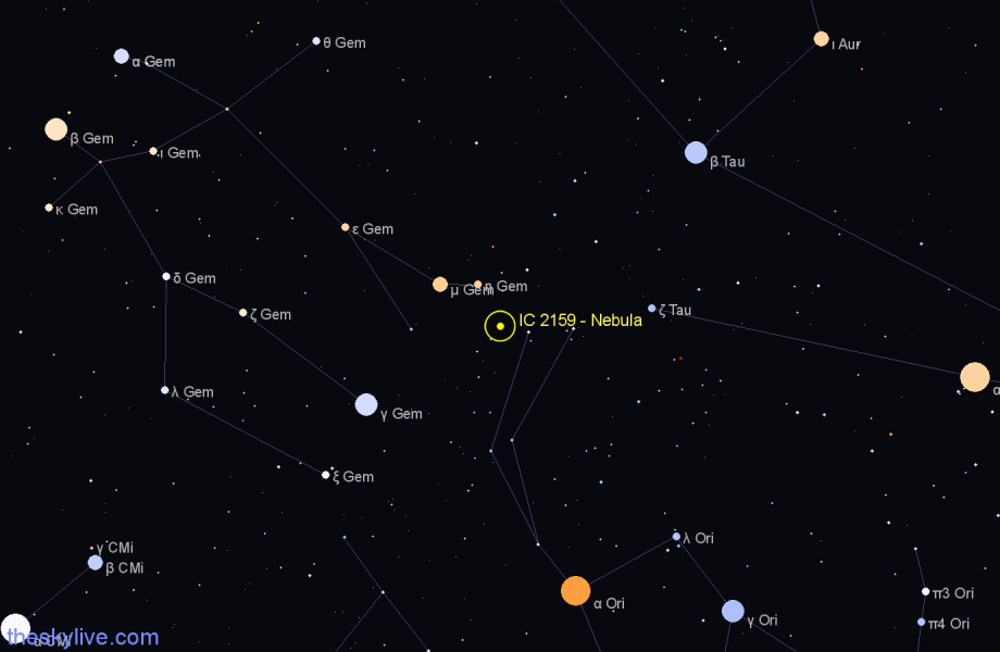 Finder chart IC 2159 - Nebula in Orion star
