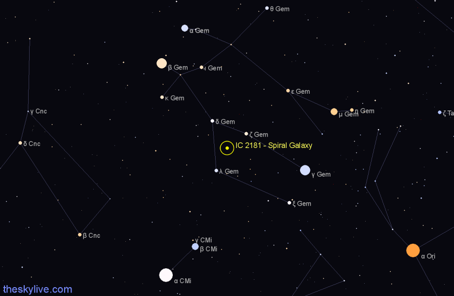 Finder chart IC 2181 - Spiral Galaxy in Gemini star