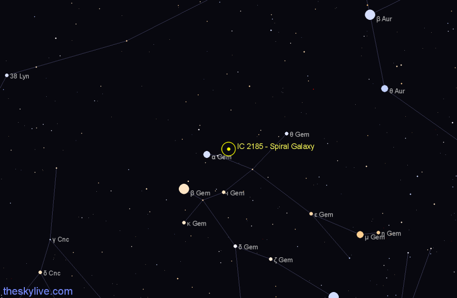 Finder chart IC 2185 - Spiral Galaxy in Gemini star