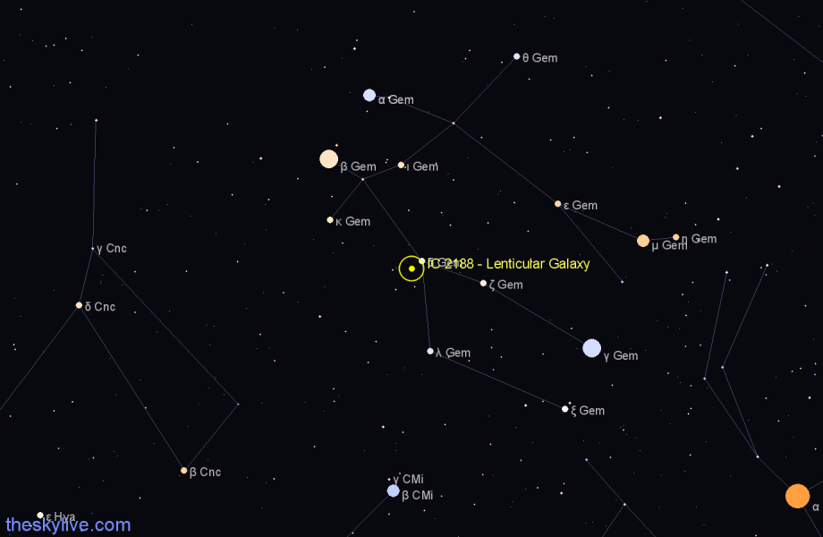 Finder chart IC 2188 - Lenticular Galaxy in Gemini star