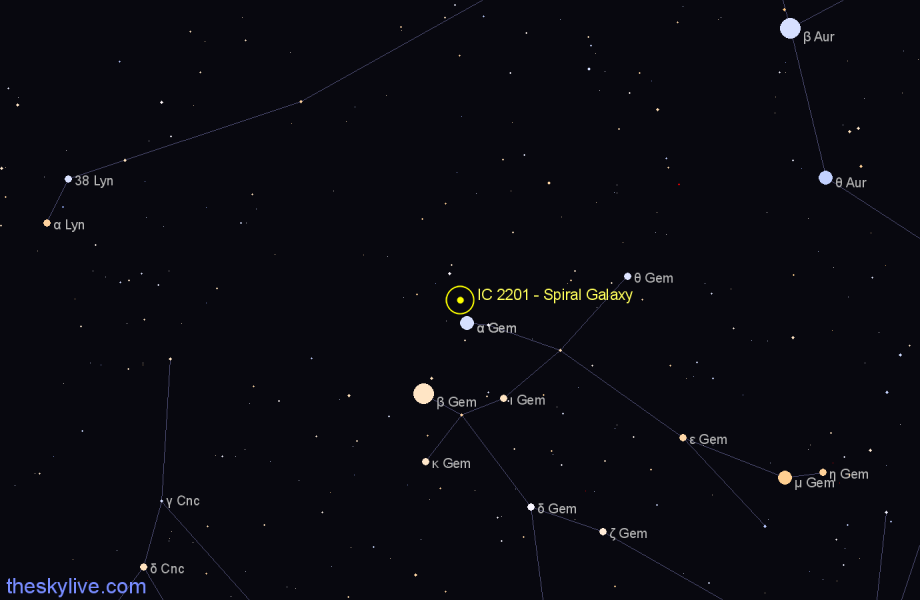 Finder chart IC 2201 - Spiral Galaxy in Gemini star