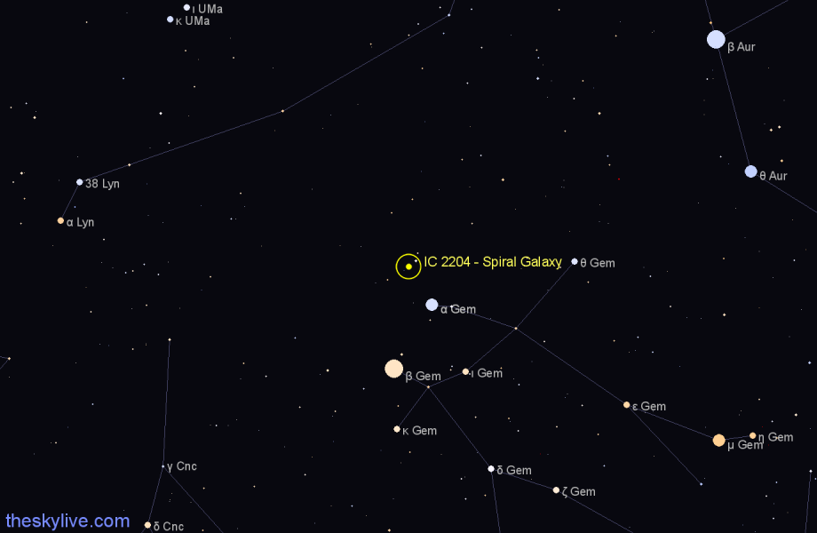 Finder chart IC 2204 - Spiral Galaxy in Gemini star