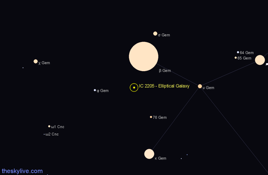 Finder chart IC 2205 - Elliptical Galaxy in Gemini star