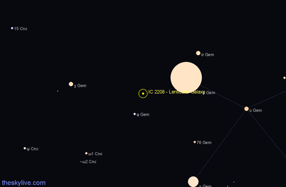 Finder chart IC 2208 - Lenticular Galaxy in Gemini star