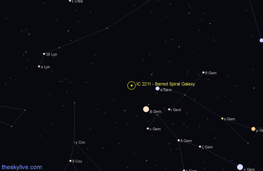 Finder chart IC 2211 - Barred Spiral Galaxy in Gemini star