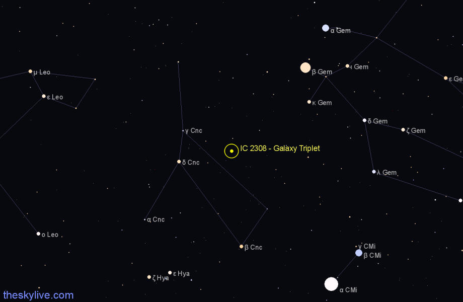 Finder chart IC 2308 - Galaxy Triplet in Cancer star