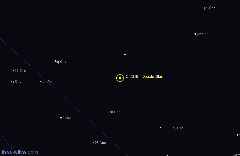 Finder chart IC 2316 - Double Star in Cancer star