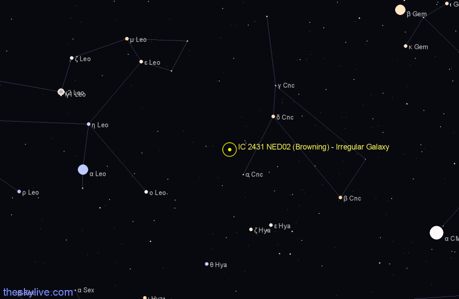 Finder chart IC 2431 NED02 (Browning) - Irregular Galaxy in Cancer star