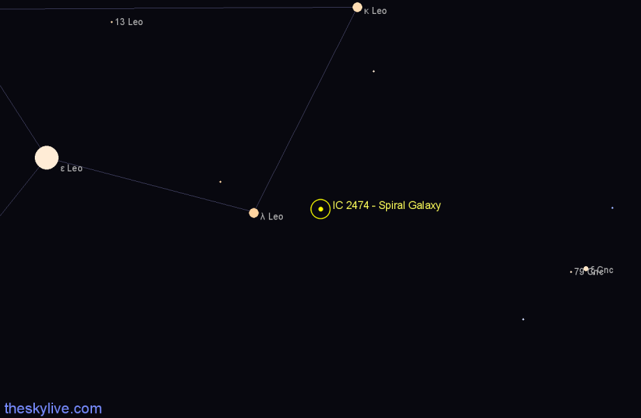 Finder chart IC 2474 - Spiral Galaxy in Leo star