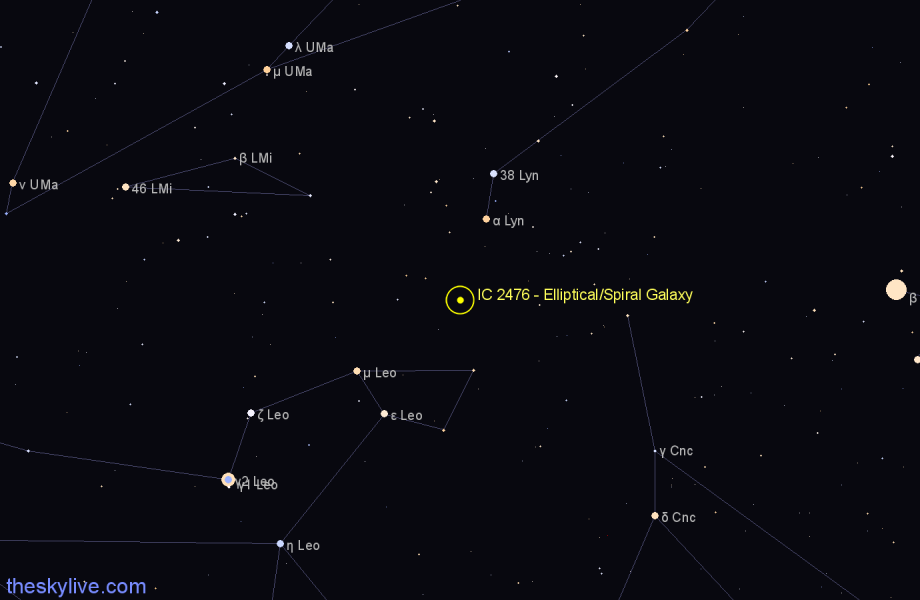 Finder chart IC 2476 - Elliptical/Spiral Galaxy in Leo star