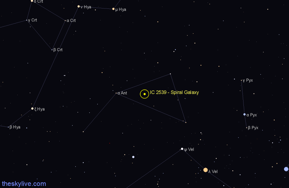 Finder chart IC 2539 - Spiral Galaxy in Antlia star