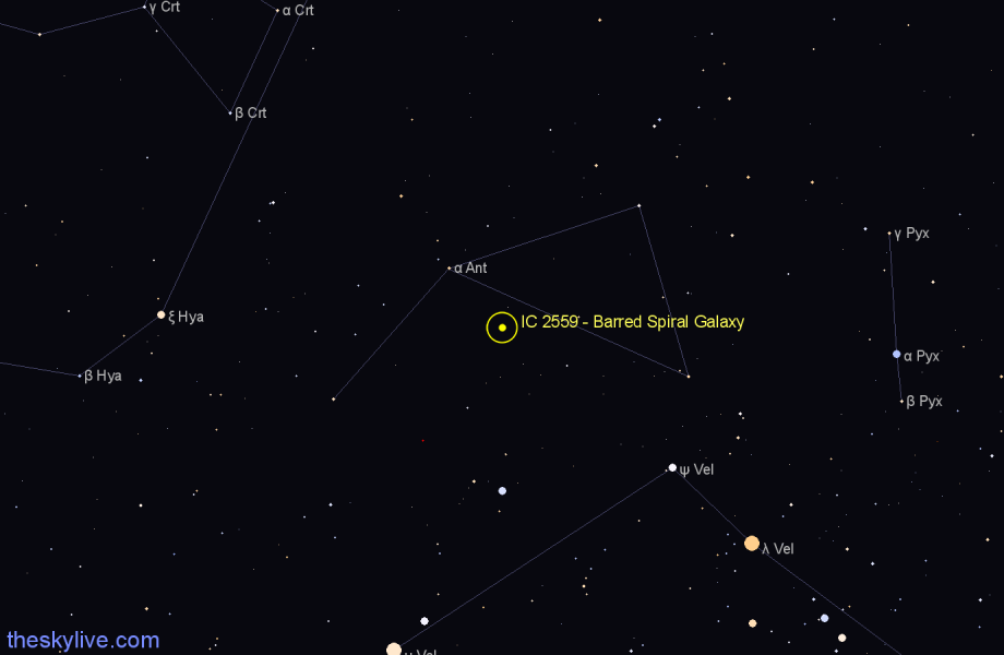 Finder chart IC 2559 - Barred Spiral Galaxy in Antlia star