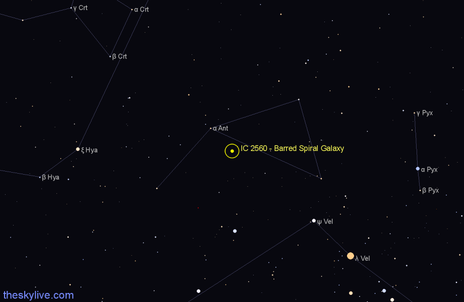 Finder chart IC 2560 - Barred Spiral Galaxy in Antlia star