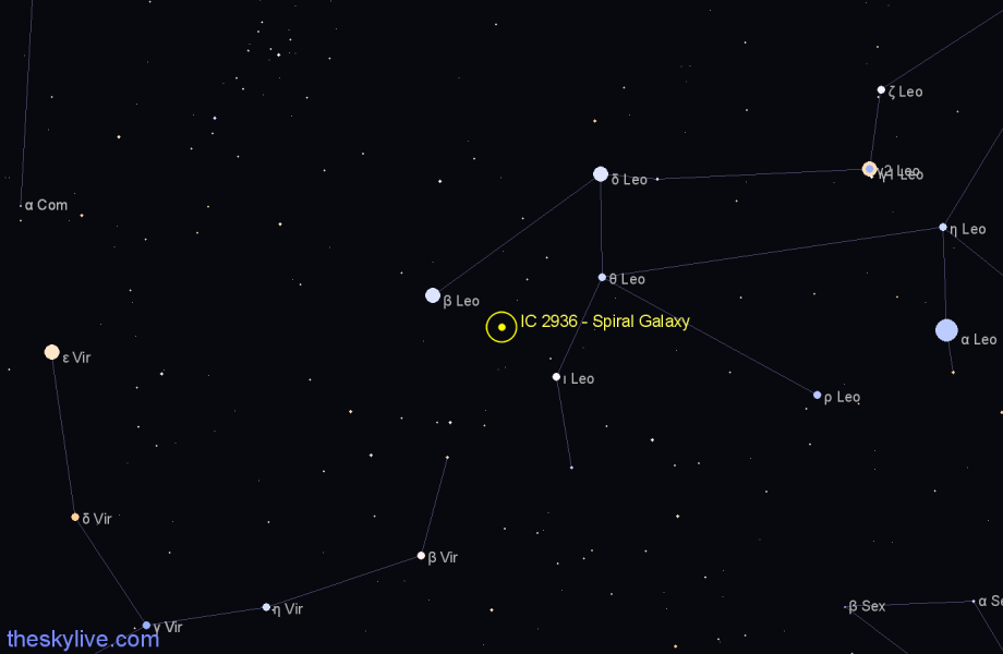 Finder chart IC 2936 - Spiral Galaxy in Leo star