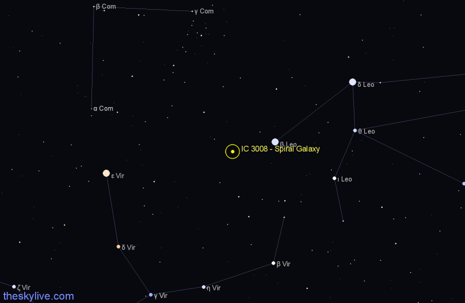 Finder chart IC 3008 - Spiral Galaxy in Coma Berenices star