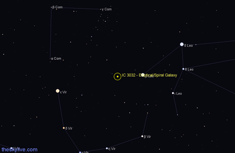 Finder chart IC 3032 - Elliptical/Spiral Galaxy in Coma Berenices star