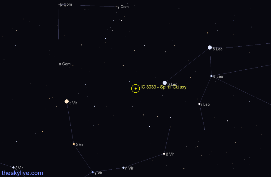 Finder chart IC 3033 - Spiral Galaxy in Coma Berenices star