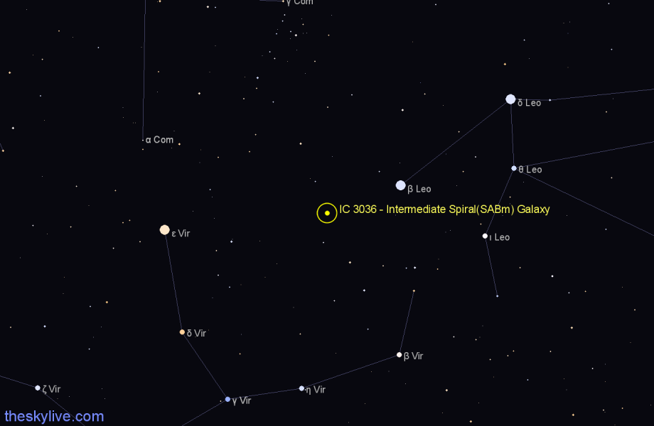 Finder chart IC 3036 - Intermediate Spiral(SABm) Galaxy in Virgo star