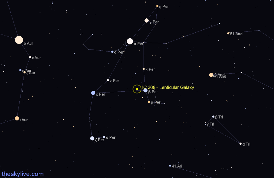 Finder chart IC 308 - Lenticular Galaxy in Perseus star