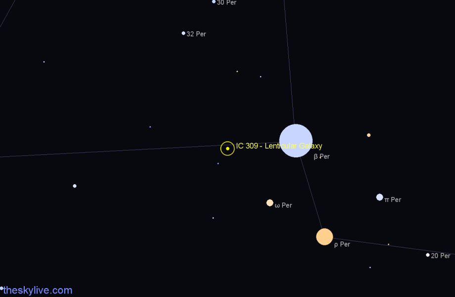 Finder chart IC 309 - Lenticular Galaxy in Perseus star