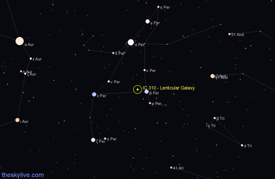 Finder chart IC 310 - Lenticular Galaxy in Perseus star