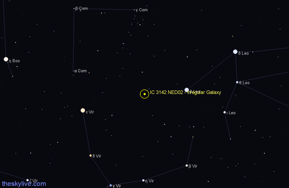 Finder chart IC 3142 NED02 - Irregular Galaxy in Coma Berenices star