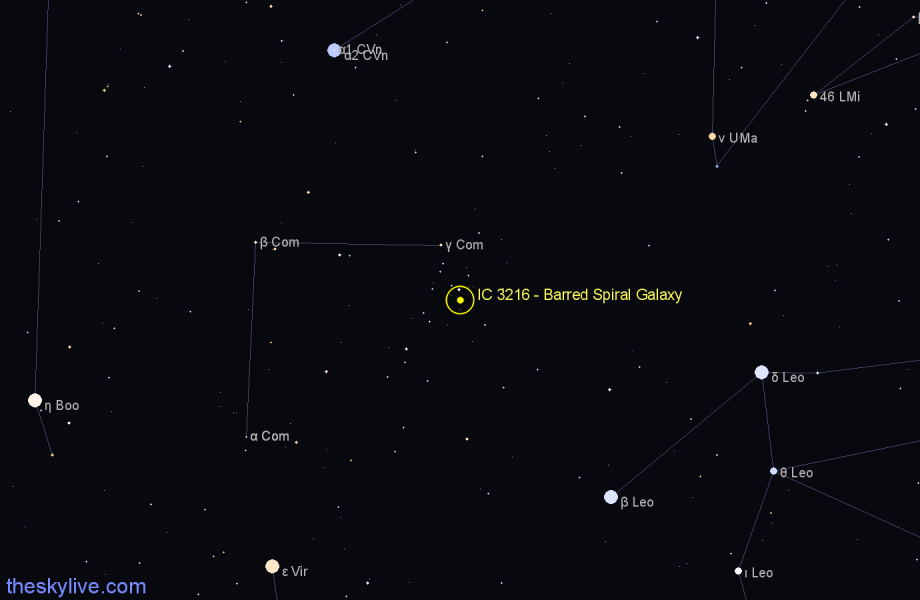 Finder chart IC 3216 - Barred Spiral Galaxy in Coma Berenices star