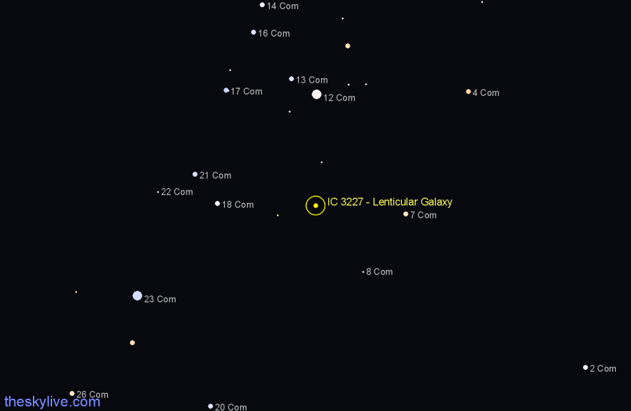 Finder chart IC 3227 - Lenticular Galaxy in Coma Berenices star