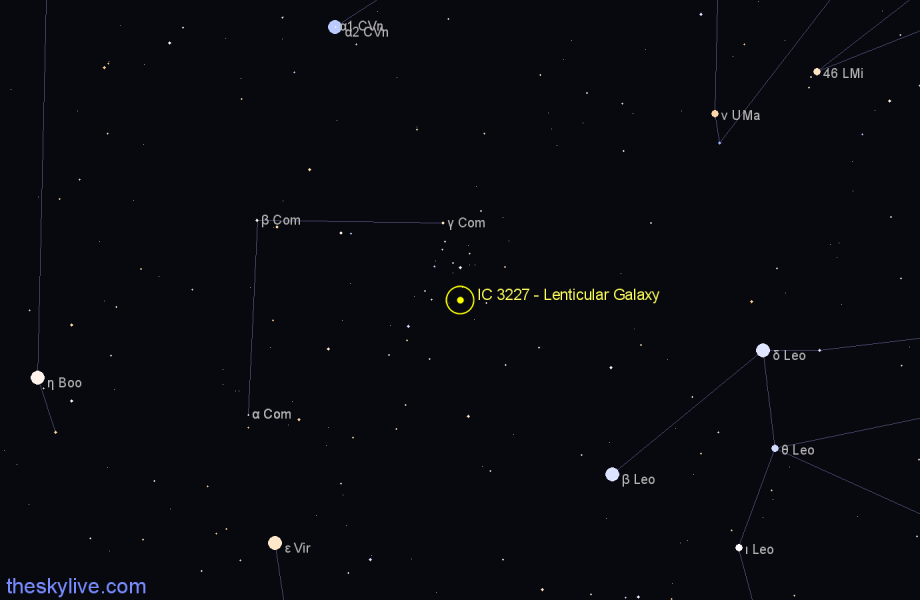 Finder chart IC 3227 - Lenticular Galaxy in Coma Berenices star