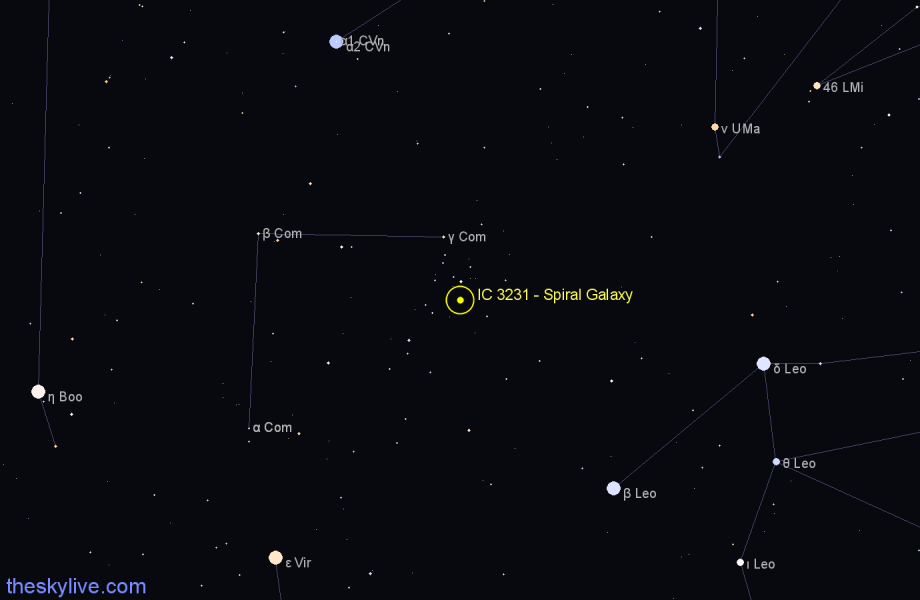 Finder chart IC 3231 - Spiral Galaxy in Coma Berenices star