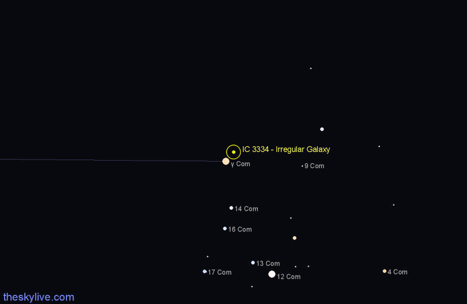 Finder chart IC 3334 - Irregular Galaxy in Coma Berenices star