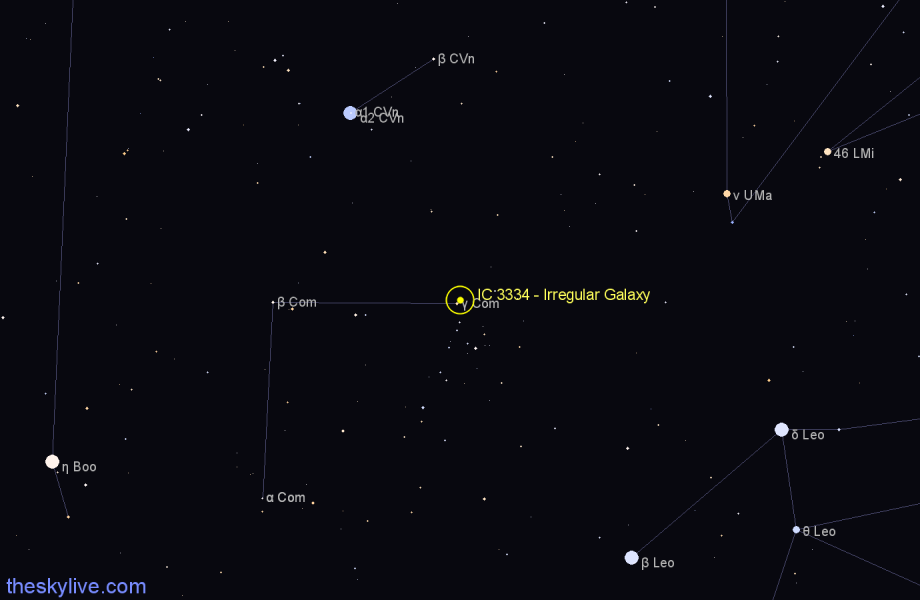 Finder chart IC 3334 - Irregular Galaxy in Coma Berenices star