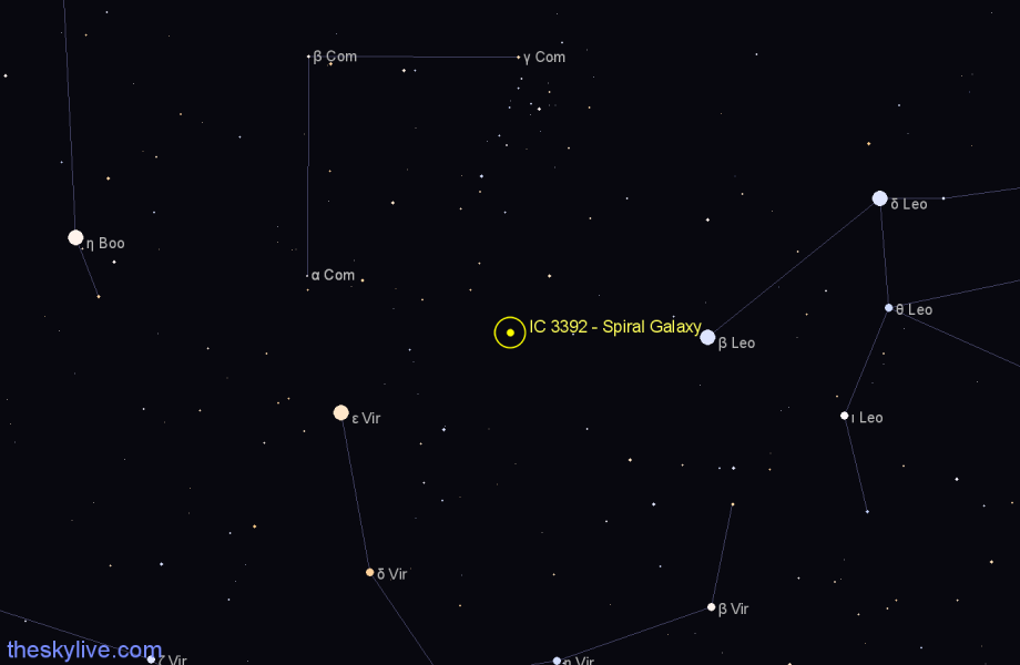 Finder chart IC 3392 - Spiral Galaxy in Coma Berenices star