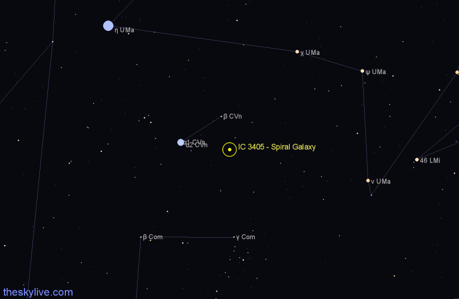 Finder chart IC 3405 - Spiral Galaxy in Canes Venatici star