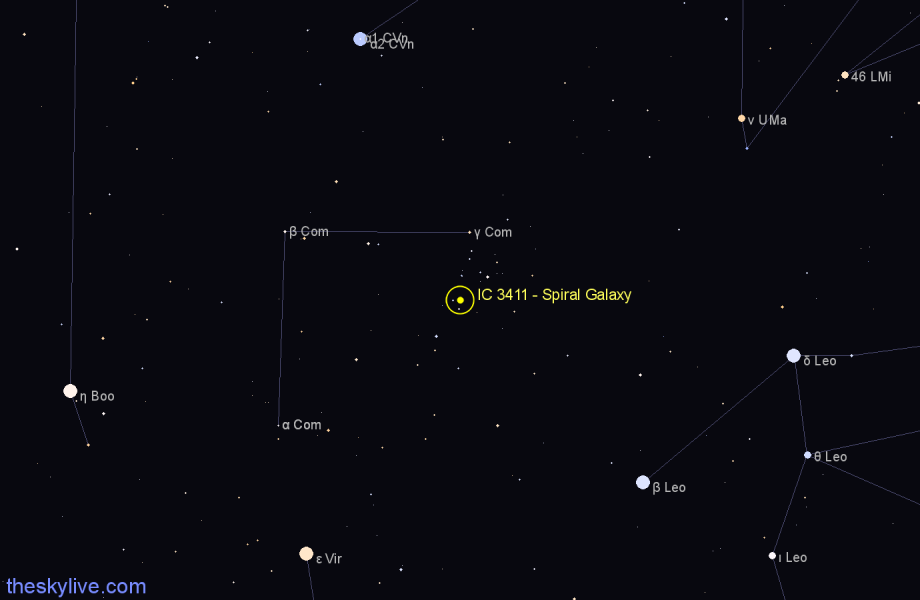 Finder chart IC 3411 - Spiral Galaxy in Coma Berenices star