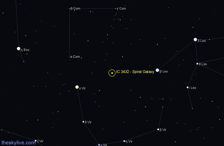 Finder chart IC 3432 - Spiral Galaxy in Coma Berenices star