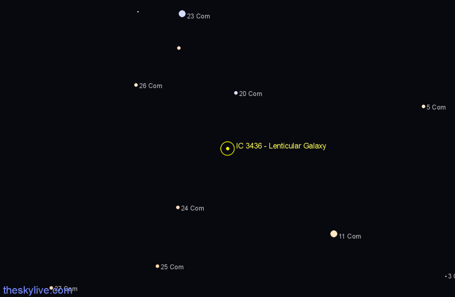 Finder chart IC 3436 - Lenticular Galaxy in Coma Berenices star