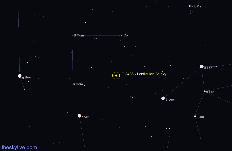 Finder chart IC 3436 - Lenticular Galaxy in Coma Berenices star