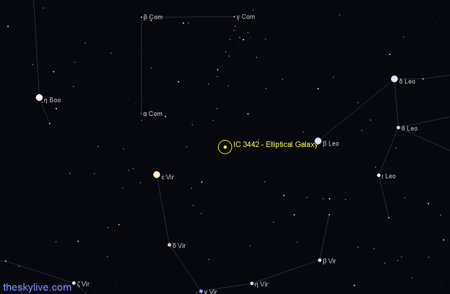 Finder chart IC 3442 - Elliptical Galaxy in Coma Berenices star