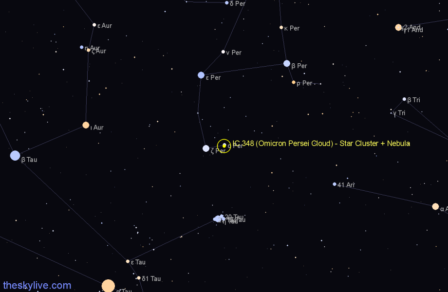 Finder chart IC 348 (Omicron Persei Cloud) - Star Cluster + Nebula in Perseus star