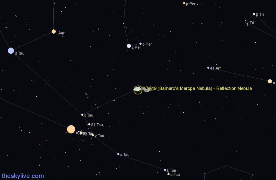 Finder chart IC 349 (Barnard's Merope Nebula) - Reflection Nebula in Taurus star