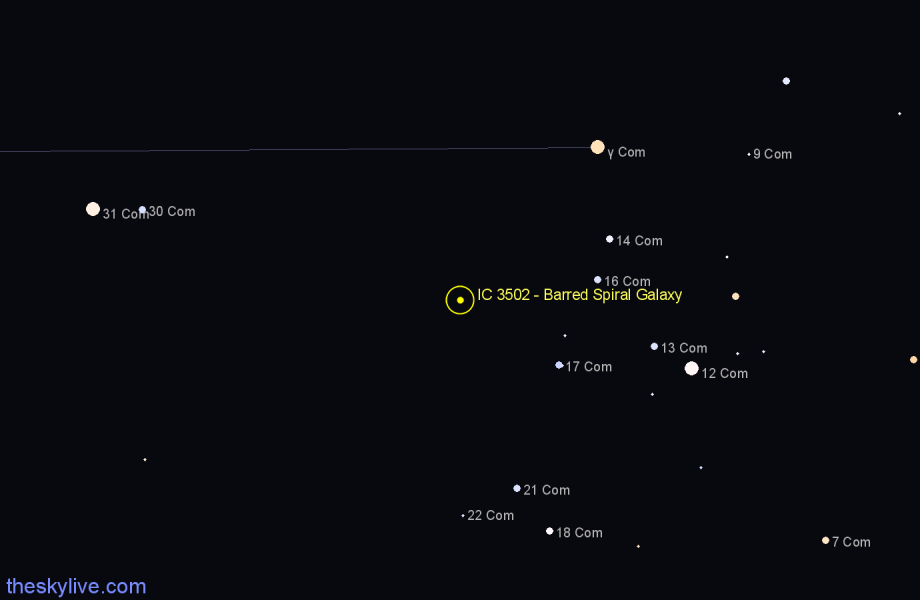 Finder chart IC 3502 - Barred Spiral Galaxy in Coma Berenices star