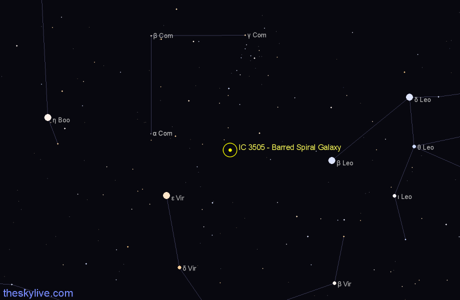 Finder chart IC 3505 - Barred Spiral Galaxy in Coma Berenices star