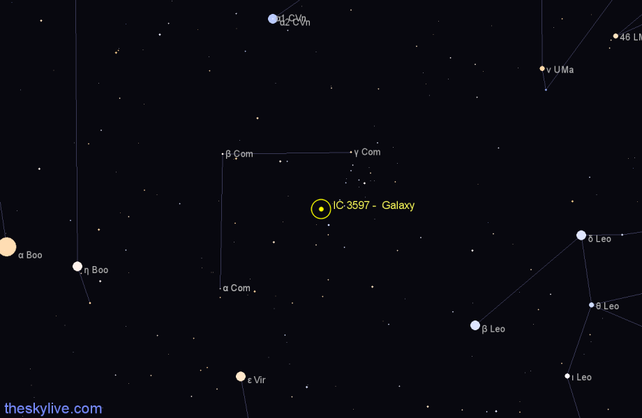 Finder chart IC 3597 - Galaxy in Coma Berenices star